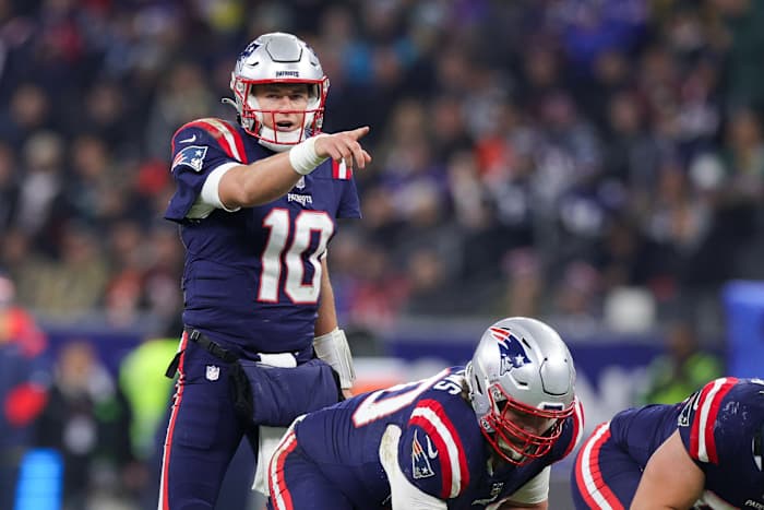 Nov 12, 2023; Frankfurt, Germany; New England Patriots quarterback Mac Jones (10) calls a play at the line against the Indianapolis Colts in the fourth quarter during an International Series game at Deutsche Bank Park.